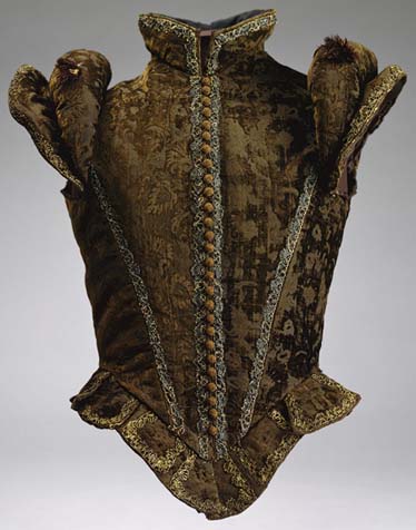 Španělská vesta z hnědého hedvábného sametu lemovaná kovovou portou pochází pravděpodobně z roku 1580. Uloženo v Metropolitním muzeu umění, New York.
