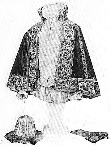 Dress of nobleman - red velvet cloak, doublet, short trousers, leather hat and gloves (1575), London Museum