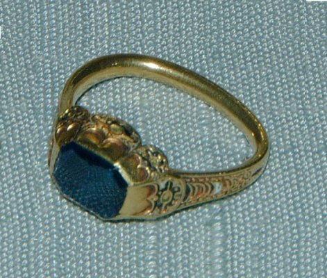 Gold ring with sapphire and enamel work.  Recovered from the coffin of Gustav Vasa's grandson Prince Gustav, d. 1597